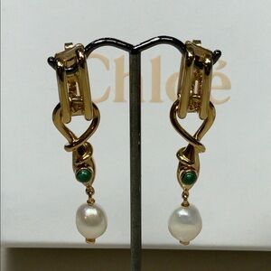 Chloe Gold Clip On Earrings with Pearl and Green Accent